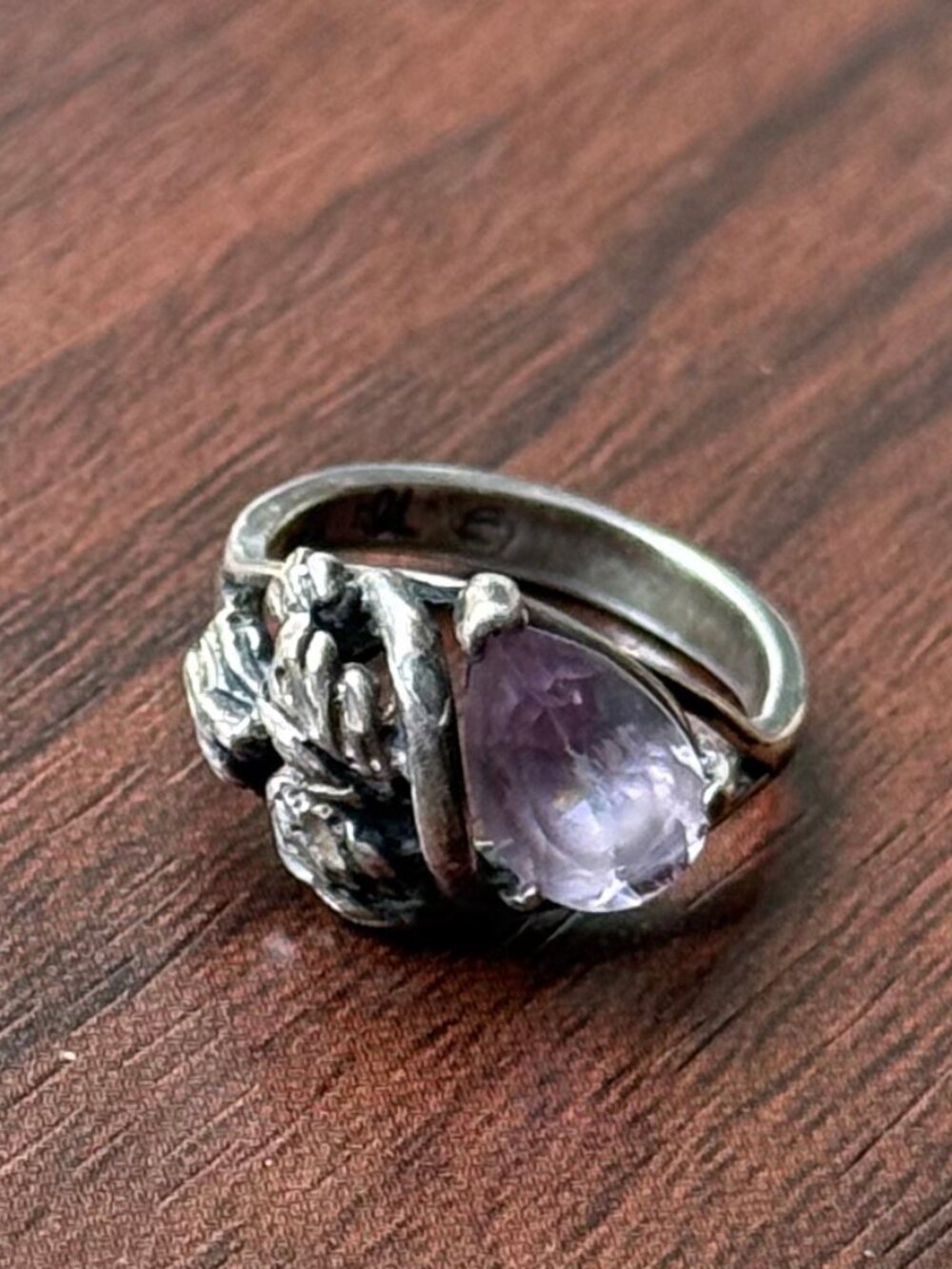 Sterling Silver and Amethyst Ring with Leaf Filigree 1970s